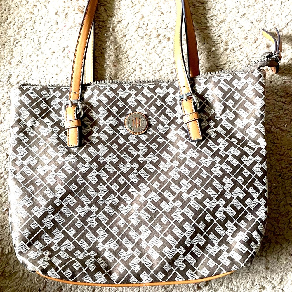 Brown and Tan Tommy Hilfiger Monogram Shoulder Bag